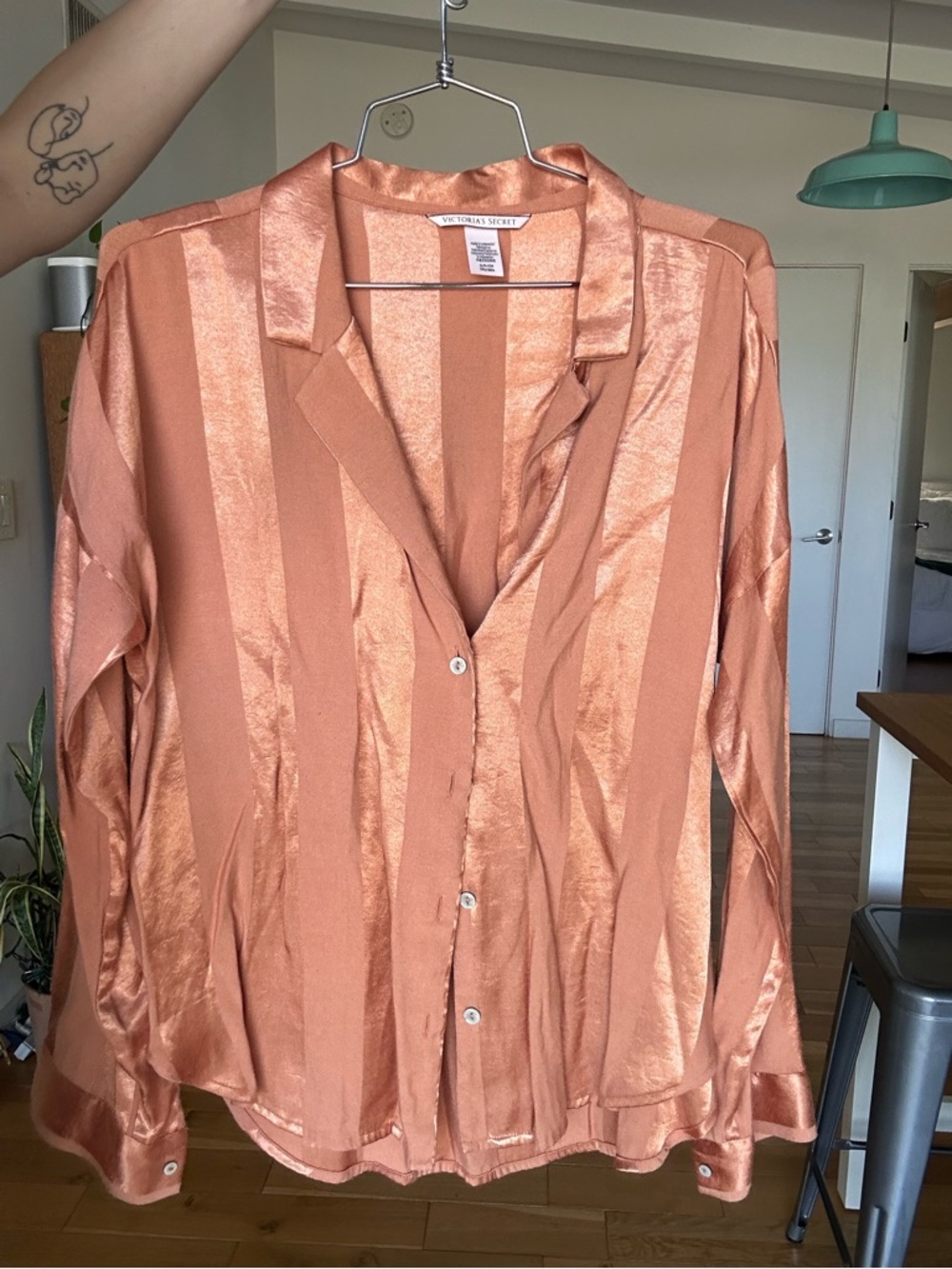 Vintage, Victoria’s Secret Satin Stripe Button-Up Blouse in Blush